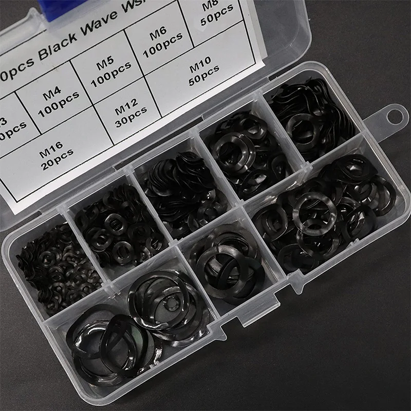 Arandelas de resorte de anillo de acero negro, arandelas de tres ondas, 65MN, surtido de juntas de onda, Kits-M3, M4, M5, M8, M10, M12, M16(550 piezas), promoción