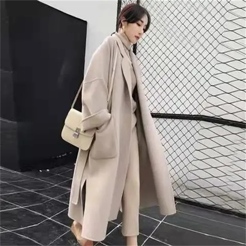 Long Autumn And Winter New Fashion Woolen Overcoat Loose Popular Women's Cotton Long Wool Coat Female Belt Green