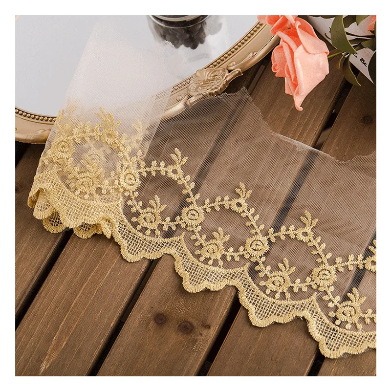 14CM Wide Luxury Tulle Golden Embroidery Fringe Ribbon Mesh Lace Fabric Applique Dress Guipure DIY Wedinng Bags Sewing Supplies