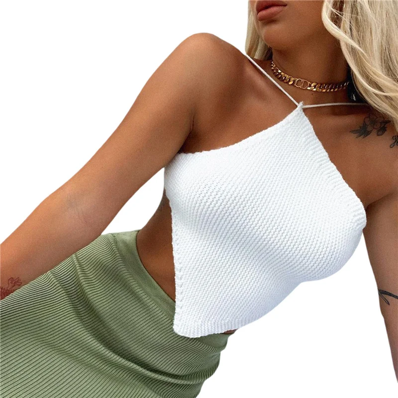 Summer Ladies Sexy Backless Chest Wrap Women Solid Color Hanging Neck Lace-Up Sleeveless Knitted Camisole Irregular Hem Top