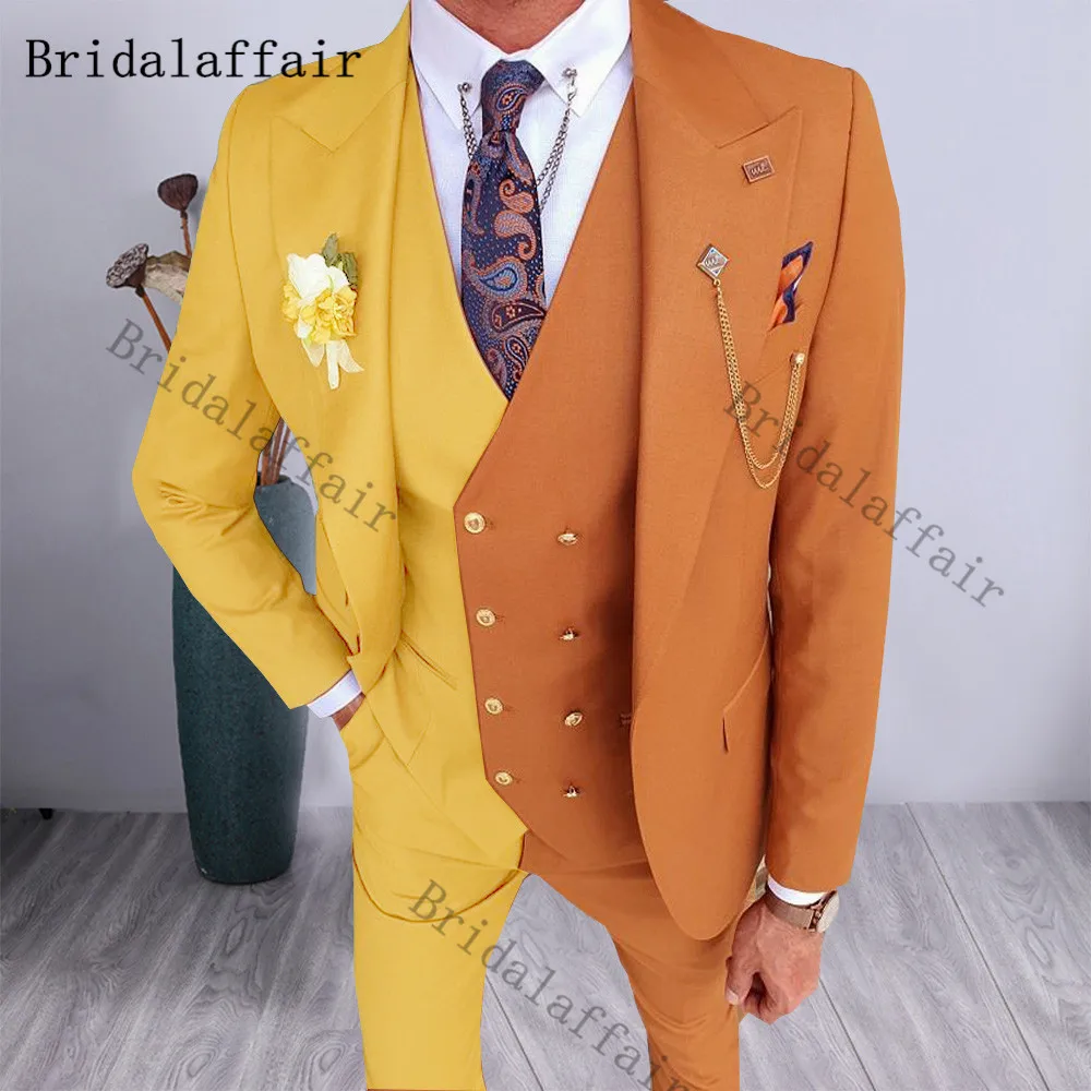 Bridalaffair Half Pink Orange Mixed colors Men Suits 2021 Fashion 3 Piece Set Peal Lapel Blazer Double Breasted Vest Slim Pants