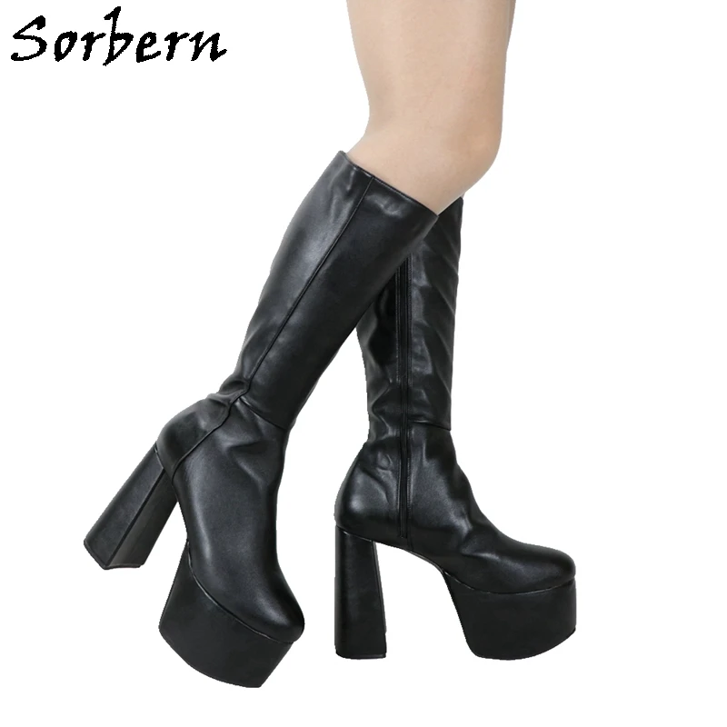 

Sorbern Fashion Black Matt Boots Knee High Block Heels Round Toe Thick Platform Lady Boots Custom Wide Or Slim Fit Legs Shoes