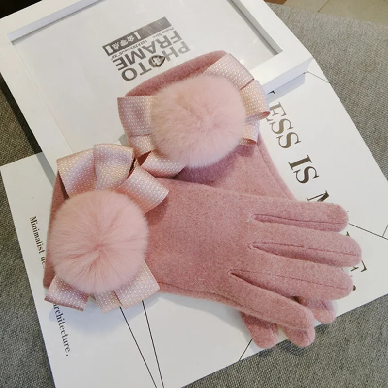 

Women Winter Cashmere Keep Warm Touch Screen Double Layer Thicken Aristocratic Luxury Style Bowknot Hairball Windproof Gloves