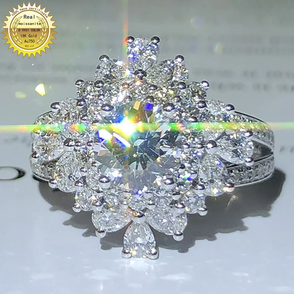 

18K Au750 White Gold Ring 10 Carat Wedding Party Engagement Ring Round Moissanite Diamond Ring Luxury Trendy