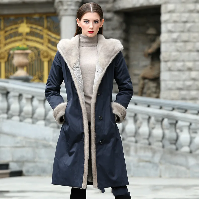 Real Fur Coat Women Winter Rex Rabbit Fur Liner Mink Fur Collar Hooded Parka Mink Fur Coat Plus Size Abrigo Mujer