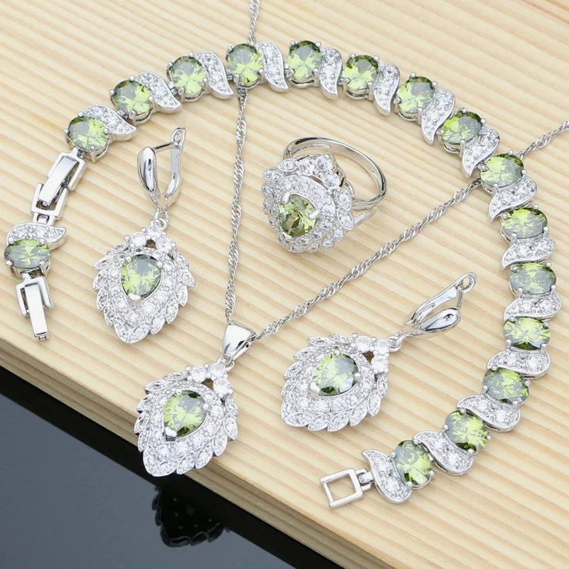 Women Silver Bridal 925 Jewelry Sets Olive Green Topaz Charm Bracelet Earrings Birthstone Necklace Sets Best Gift Dropshipping