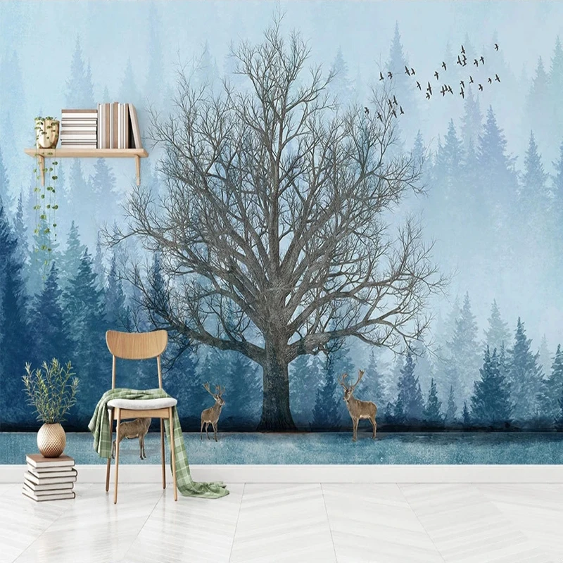 

Photo Mural Wallpapers Papel De Parede Nordic Abstract Forest Big Tree Elk Mural Living Room Sofa Background Wall Home Decor