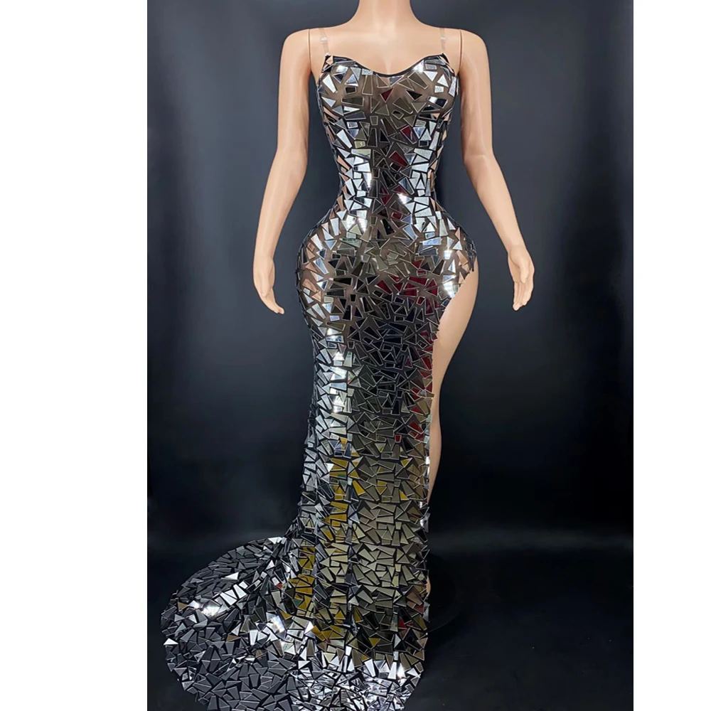 Luxurious Silver Mirrors Evening Dresses Sleeveless Long Train Celebrate Dress Stage Performance show Stretch Costume