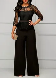 Sang Trọng Gợi Cảm Bộ Đồ Bay Jumpsuits Nữ Tay Dài Phối Ren Miếng Dán Cường Lực Jumpsuit Rời Quần Quần Ống Rộng Rompers Ngày Lễ Đen Áo Liền Quần