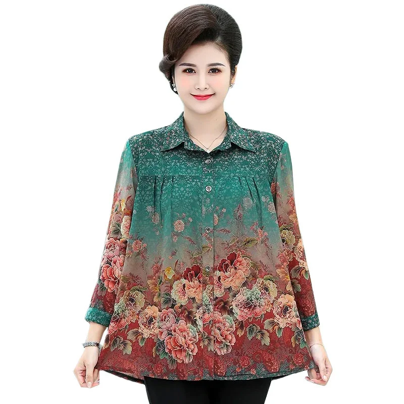 

New 2022 Fashion Middle-aged and Elderly Women's Shirts Printing Spring Summer Shirt Blouse Basic Section Grandmother Tops