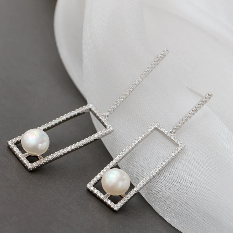 

Authentic 925 Sterling Silver Earring Inlaid Natural Pearl Fashion Rectangle Earrings Lady Wedding Party Fine Jewelry Gift