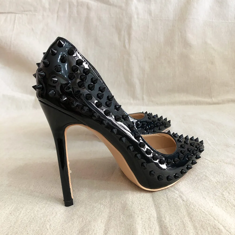 Veowalk Black Matte Women Full Punk Rivets Pointed Toe High Heels Sexy Ladies Spikes Stilettos Pumps Woman Club Party Shoes