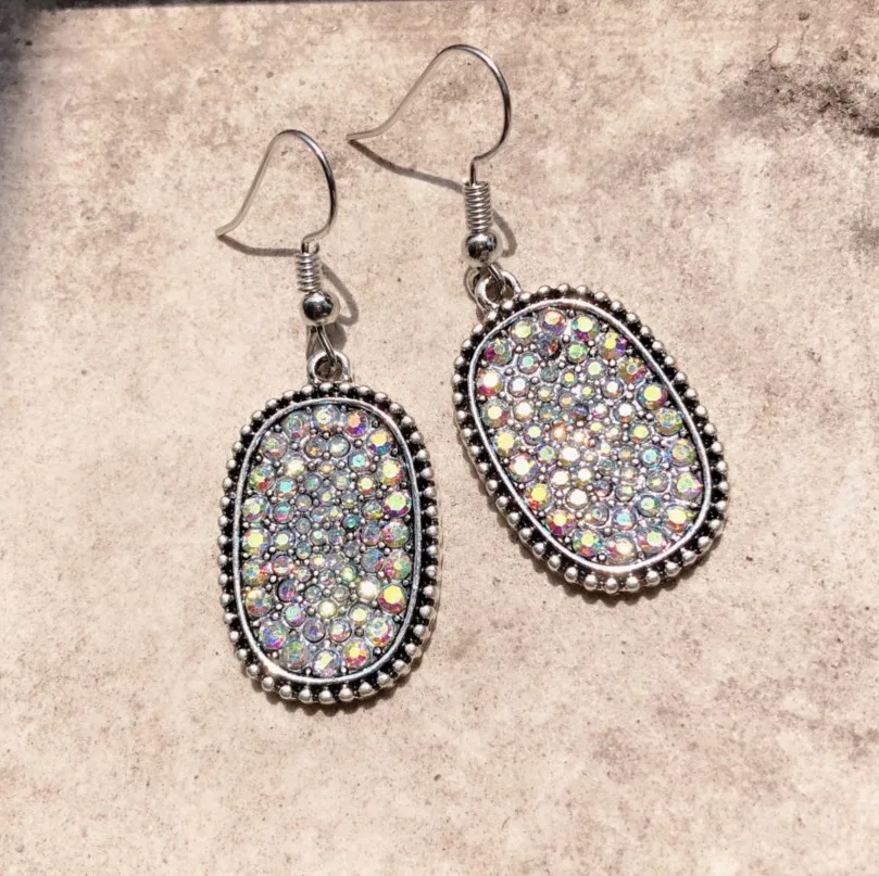 New Square Vintage AB Color Circle Pave Crystal Oval Drop Earrings for Ladies