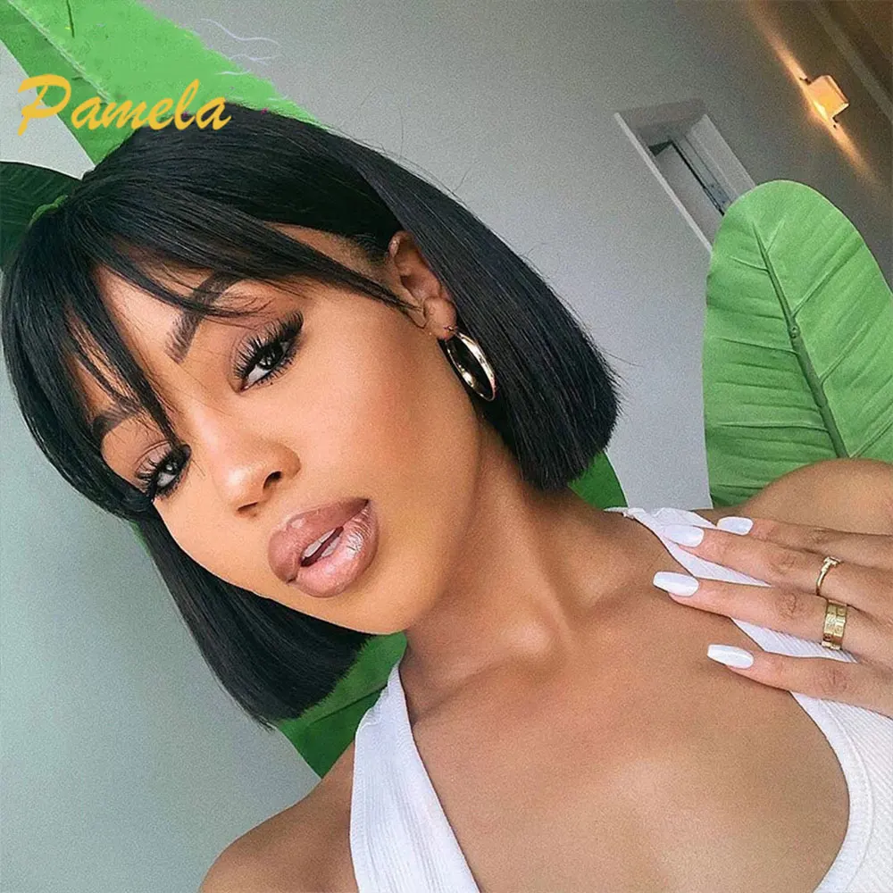 13x4 Short Bob Lace Frontal Wig Bone Straight Lace Front Wig With Bangs Straight Bob Wigs For Women Human Hair 4x4 Closure Wig