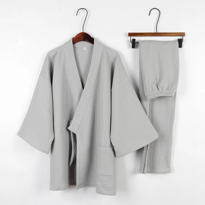 Japanese Retro Style Cotton Gray Stripe Pajamas Pants Set Traditional Ancient Kimono Yukata Bathrobe Hanfu Sleep & Lounge Wear