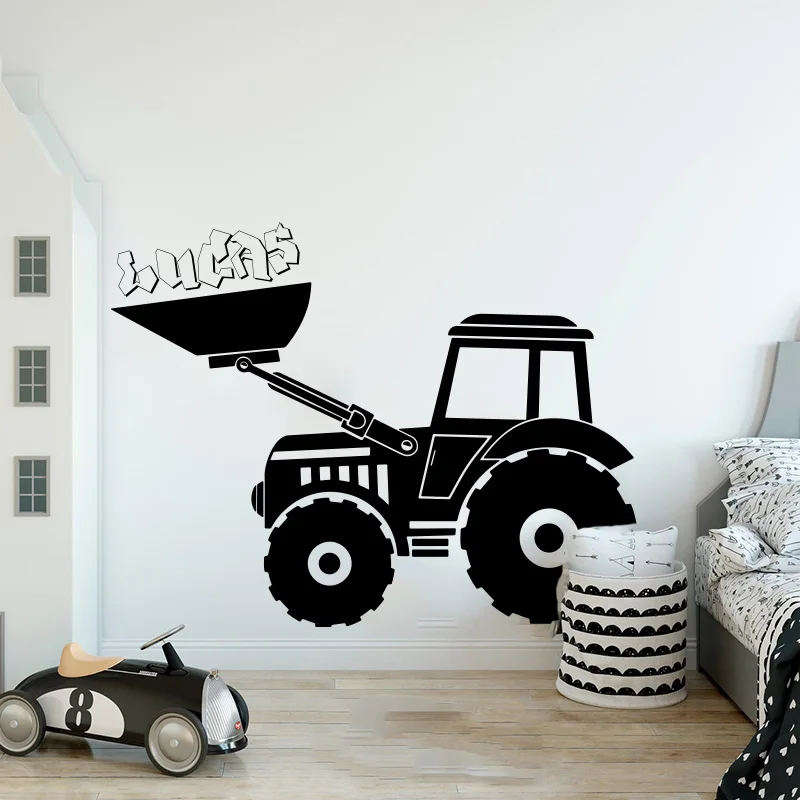Custom Name Construction Tractor Wall Sticker Personalized Name Truck Crane Wall Decal Nursery Kids Room Vinyl Home Decor