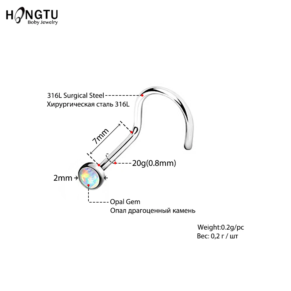 HONGTU 1Pc Opal Nose Screw Rings 20g Steel Nose Piercing Body Jewelry Indian Nose Stud for Women Girls Round Nostril Piercings