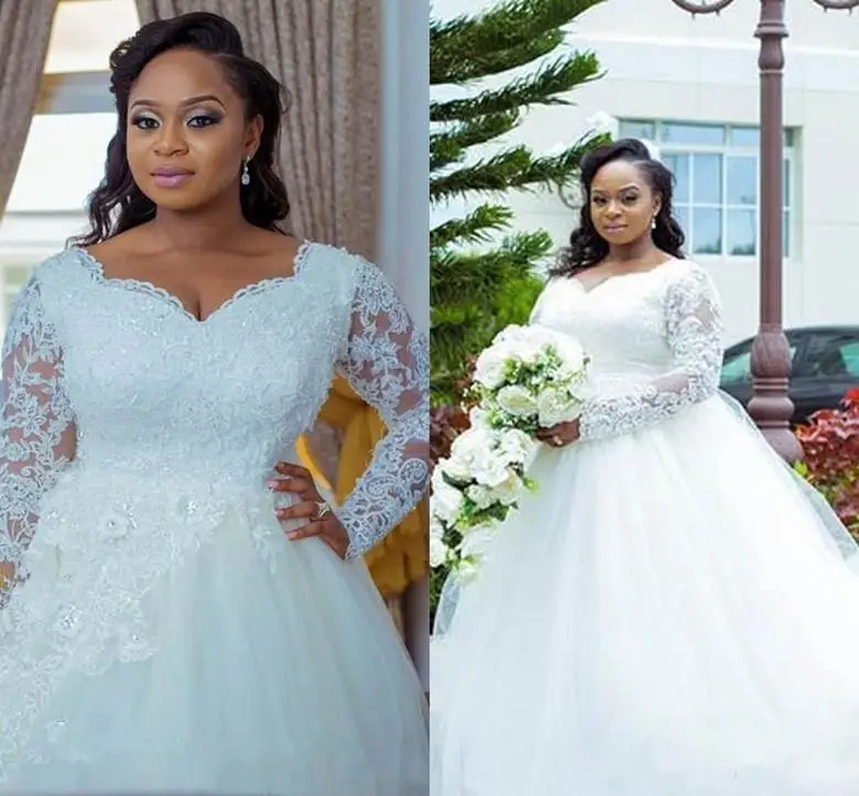 Vestidos de novia africanos personalizados de talla grande, línea A, escote en forma de corazón, mangas largas, Apliques de encaje, cuentas de cristal, botón trasero, corte Trai