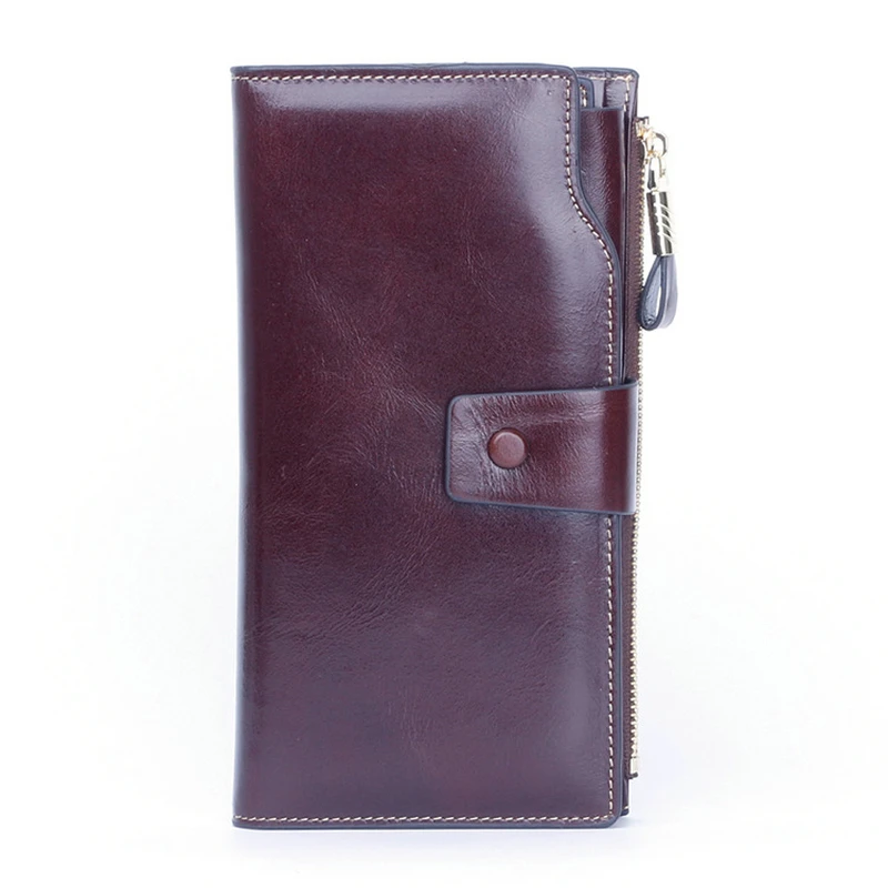 

Genuine Leather RFID Blocking Long Wallet for Women Lady Luxury Oil Wax Leather Coin Purse