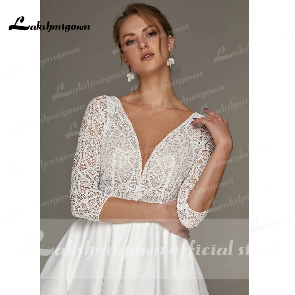 Einfache Kurze Hochzeit Kleid 2021 A-Line 3/4 Hülse V-ausschnitt Einfache Boho Vintage Für Frauen Robe De Mariee Brautkleider