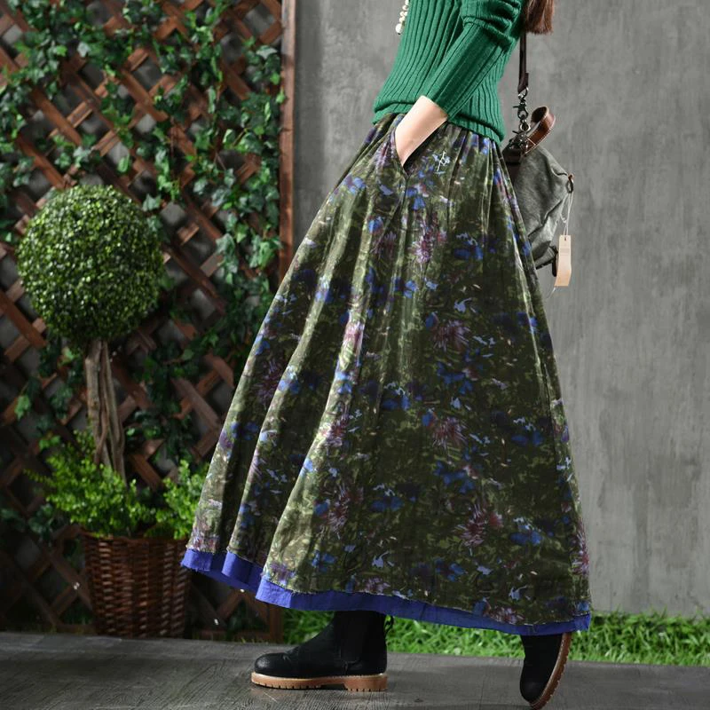 Spring Autumn New Arts Style Women High Waist Cotton A-line Long Skirt Vintage Print Loose Maxi Skirt Female Casual Skirt S272