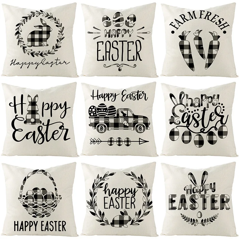 

Easter Home Decor Cushion Cover Simple Black White Letter Pillowcase Bunny Eggs Printed Linen Pillow Cover 45x45cm Happy Easter