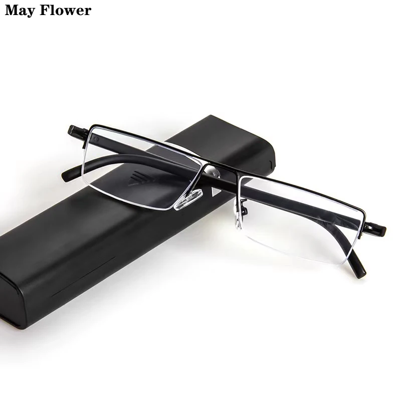 May Flower Anti Blue Light Reading Glasses Men Women Black Glasses Farsightness Alloy Frame Eyeglasses With Case Diopter +1.5+2