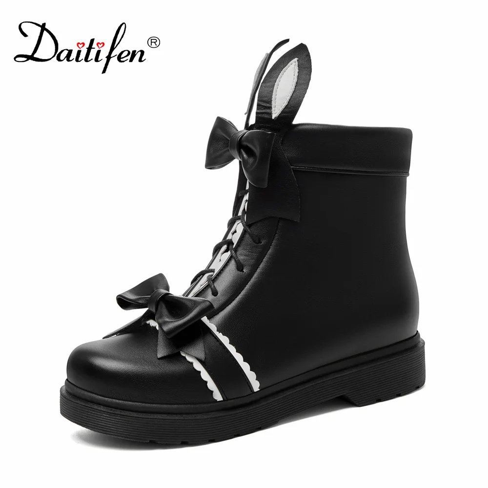 

Daitifen Women Lolita Shoes JK Sweet Ankle Boots Fashion Women Martin Boots Bow-knot Shoes Wedges Female Winter Shoes With Fur