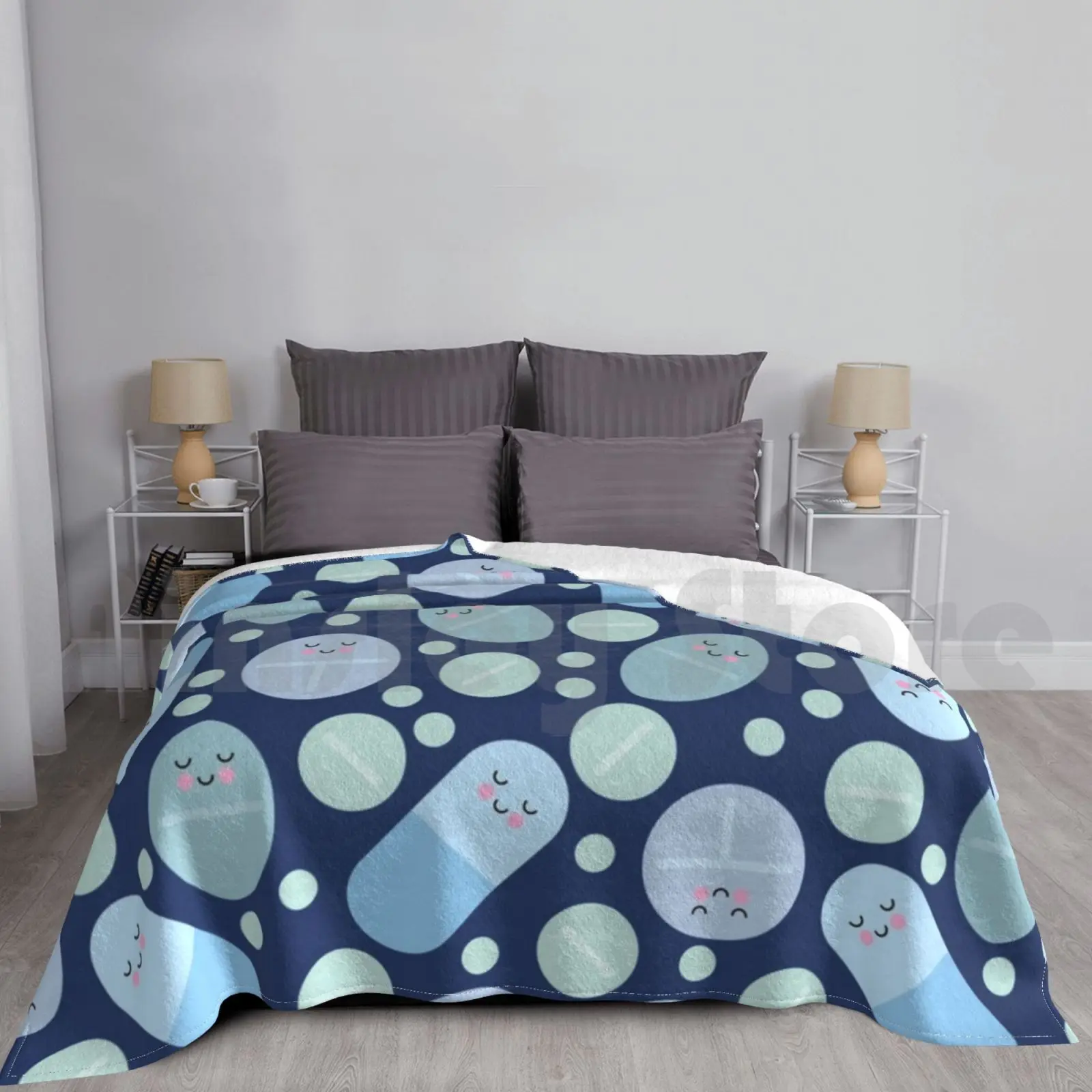 Blue Happy Pills Pattern Blanket For Sofa Bed Travel Pill Pills Medication Pharmacy Pharmacist Pharmacy School