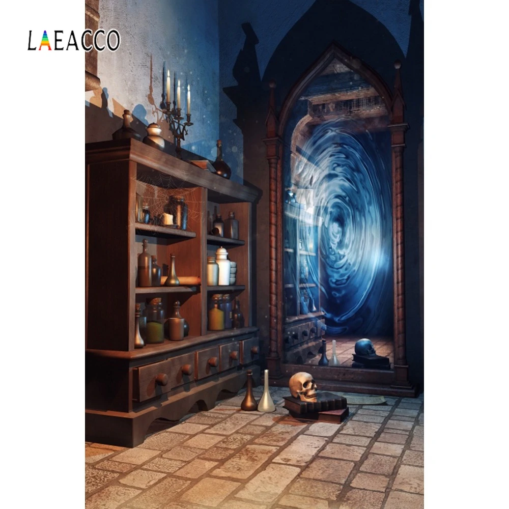 

Laeacco Vintage House Retro Bottle Shelf Magic Channel Mirror Skull Baby Portrait Photography Backdrops Photo Backgrounds Studio