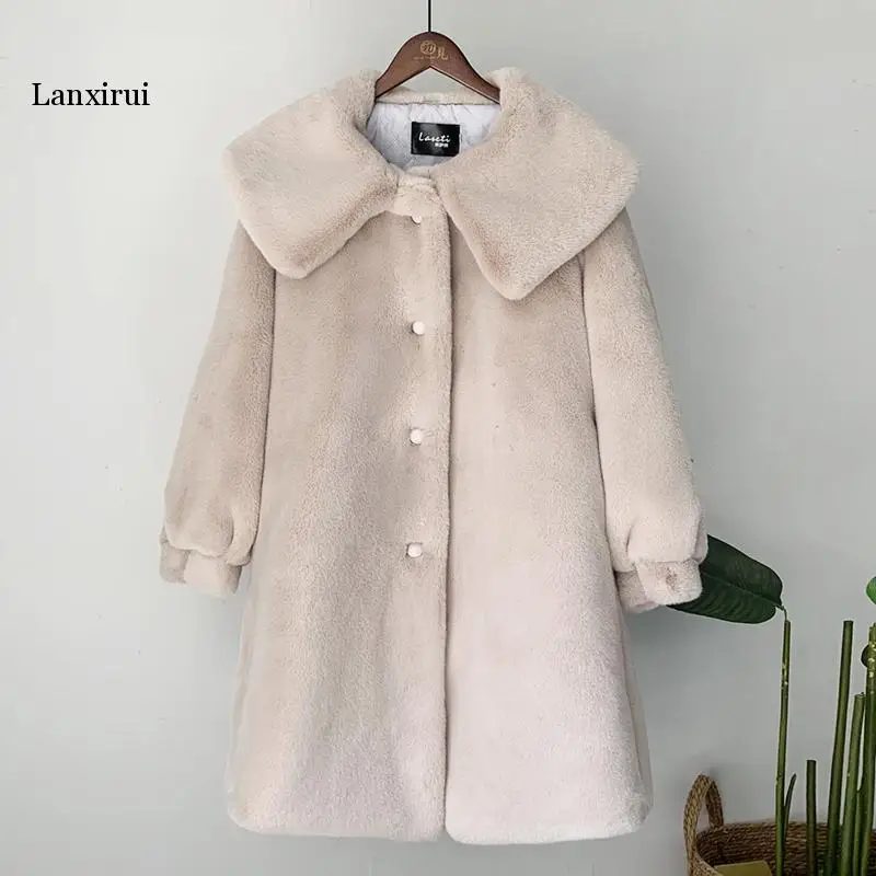 

Women Winter Faux Rabbit Fur Coat High Quality Luxury Long Fur Big Lapel OverCoat Warm Female Plush Coat Jakcet