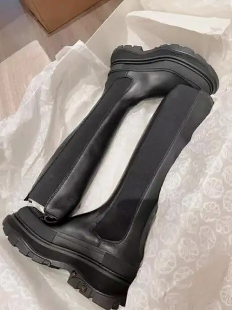 

Hot Selling Black Genuine Leather Increased Thick Sole Knee High Boots Woman Round Toe Slip On Tube Long Knight Boots