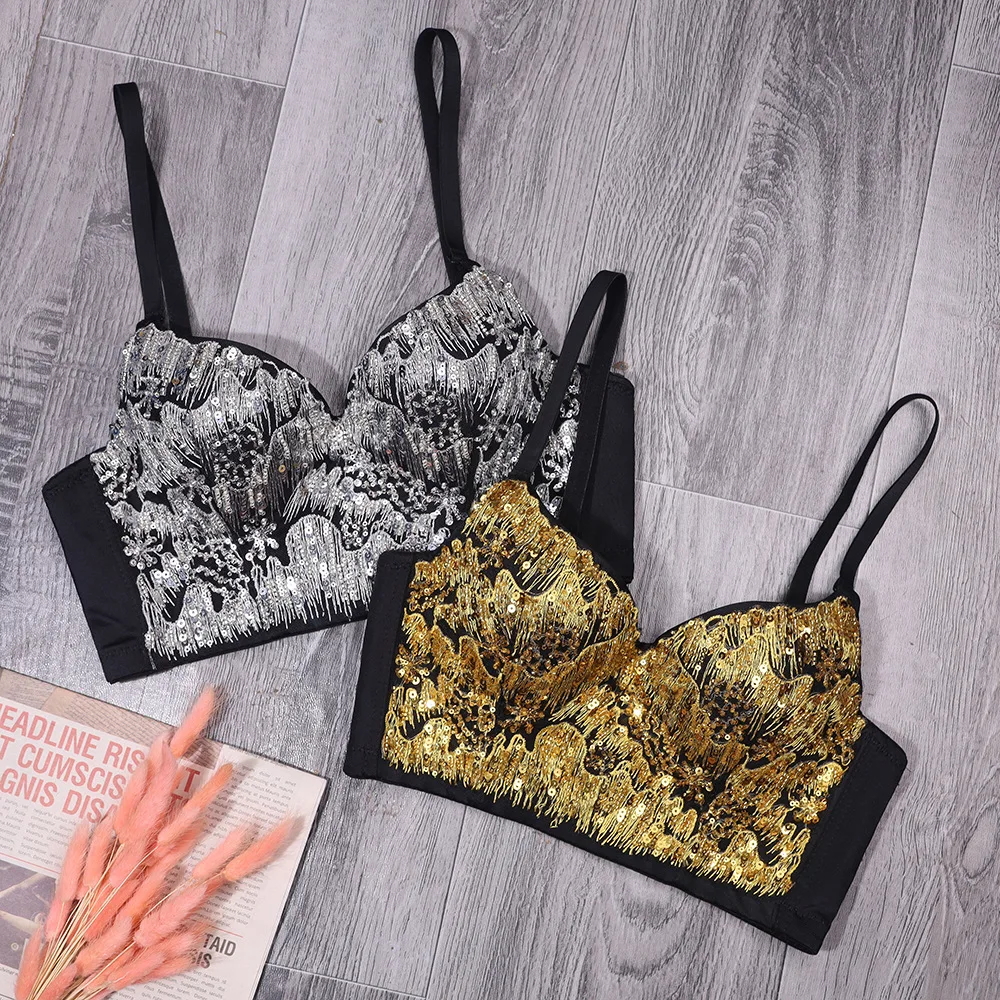 

European and American Suspenders Sequins Slim-fit Open Back Short Wrapped Chest Women's Bralette Cropped Top Vest Plus Size