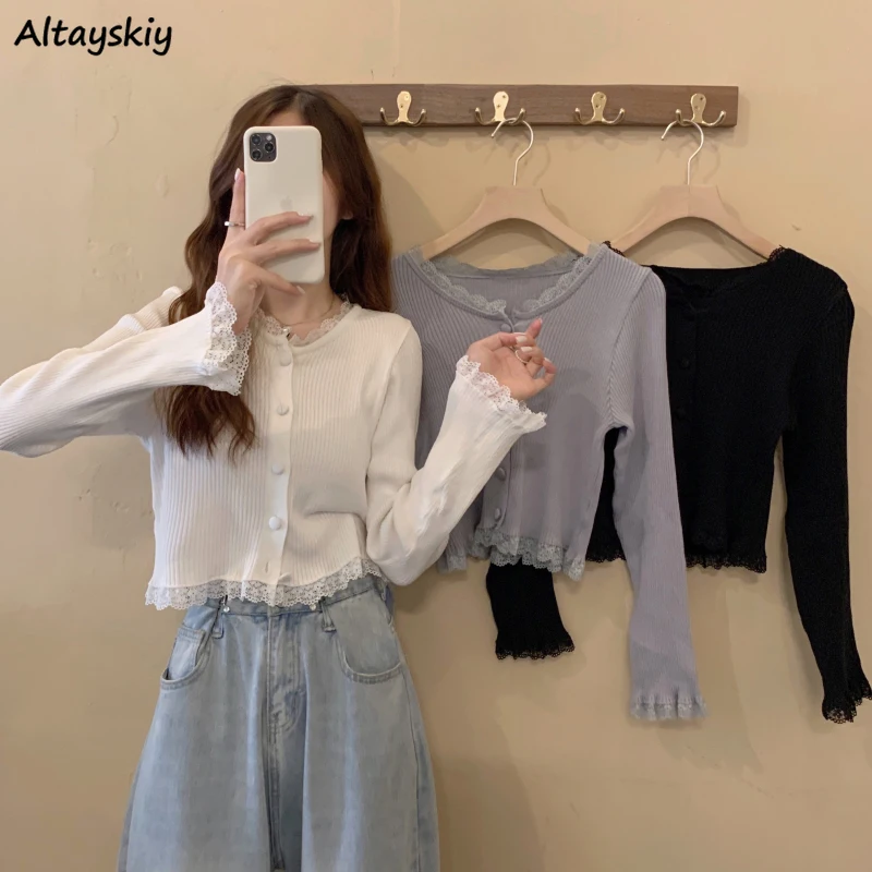 Cardigans Women Lace Design Gentle Sweet All-match Trendy Chic Ulzzang Simple Slim Knitted Cardigan Students Autumn New Popular