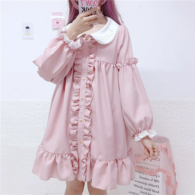 2021 Spring Autumn Dress Women Harajuku Pink Ladies Ruffle Lace Patch Kawaii Dresses Lolita Cosplay Sweet Loose Vestidos