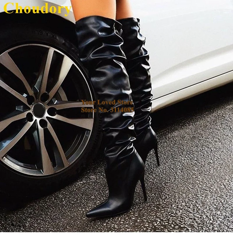 

Choudory Black Over The Knee Folded Dress Boots Stiletto Heels Loose Stage Shoes Nightclub Thigh High Boots Fall Winter Boots