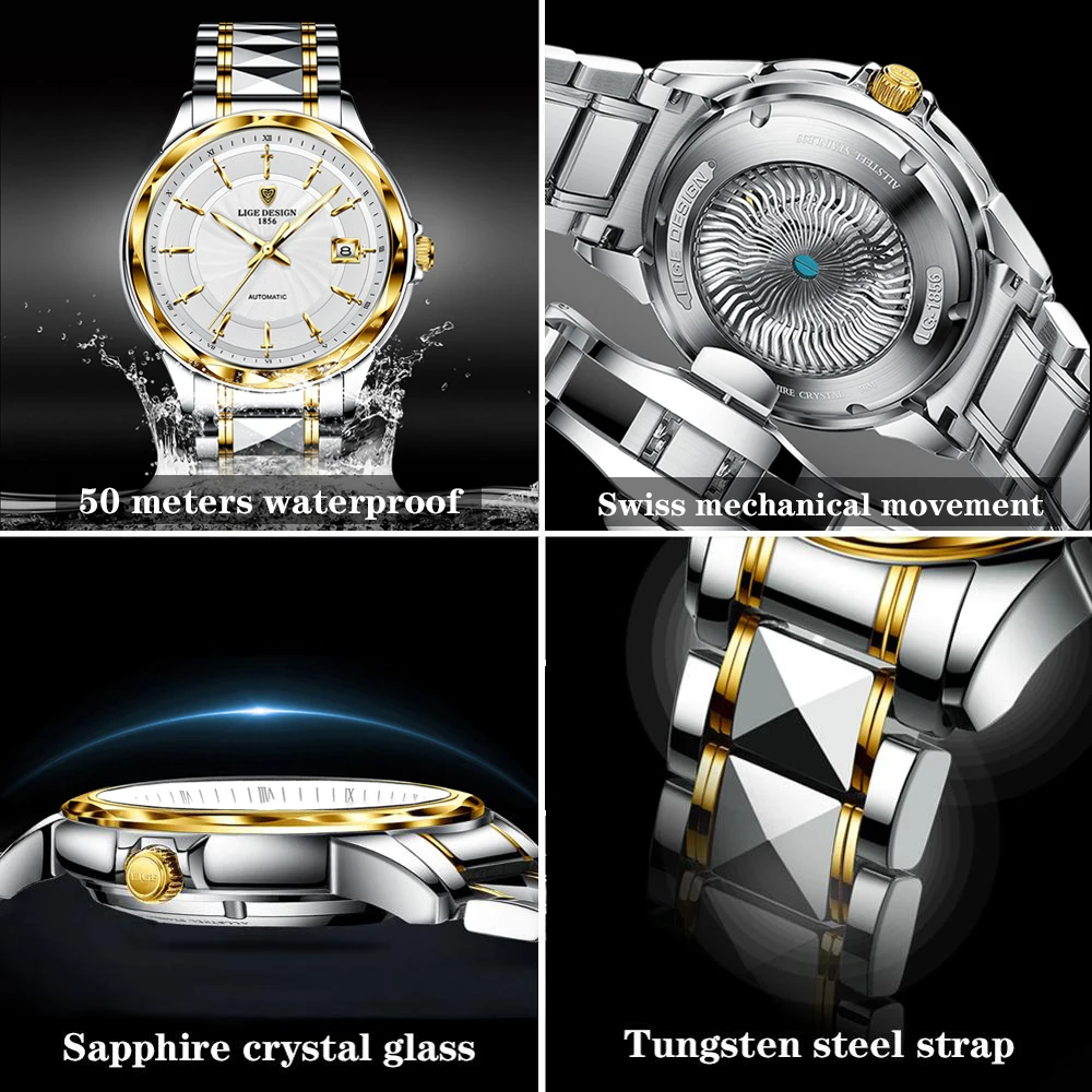 LIGE nuovo orologio meccanico da uomo personalità oro moda acciaio al tungsteno orologio da uomo d\'affari 50M orologio automatico impermeabile uomo