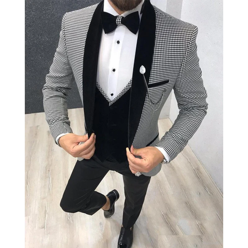 Esmoquin con solapa de muesca para novio, Blazer de pata de gallo, traje de fiesta, traje de negocios, vestidos de novia, vestidos de graduación, 2/3 piezas