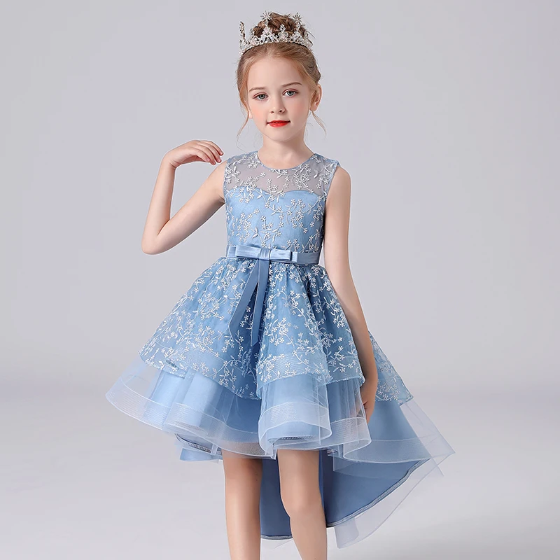 Summer Lace Embroidery Kids Dress For Girls Evening Wedding Party Tail Elegant Princess Sleeveless Children Holiday Dresses