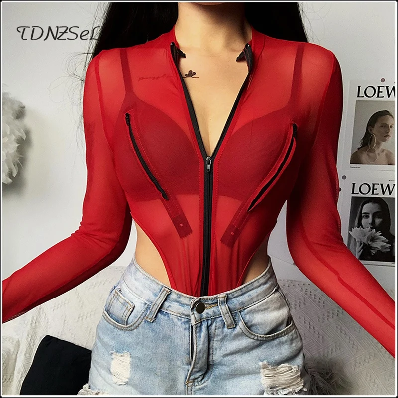 Women Long Sleeve Sheer Mesh Bodysuit Sexy Streetwear Transparent See Through Playsuit Club Romper 2020 Exotic Party Jumpsuits