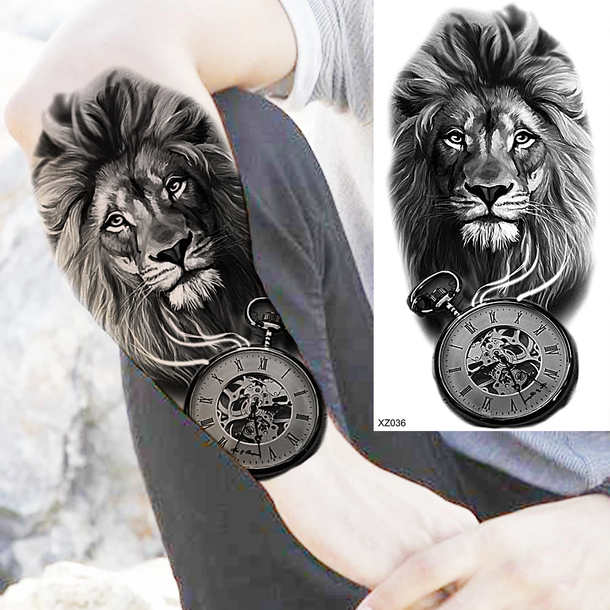 Black Skull Halloween Skeleton Temporary Tattoo For Men Adults Realistic Lion Tiger Wolf Scary Fake Tattoo Sticker Forearm Tatoo