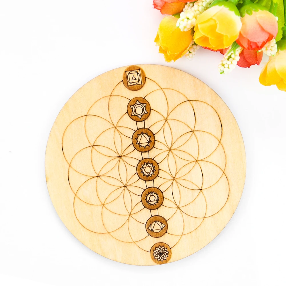 10cm Wooden 7 Chakra Round Board Crystal Quartz Stand Holder Flower Wood Cup Base Yoga Meditation Orgonite Home Ornament Decor