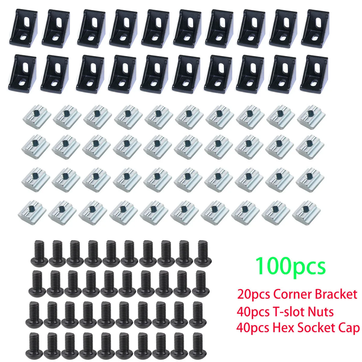 100pcs 2020 Aluminum Profile Connector Set 20pcs Corner Bracket + 40pcs 20 Series M5 T-slot Nuts + 40pcs M5x8mm Hex Socket Cap E