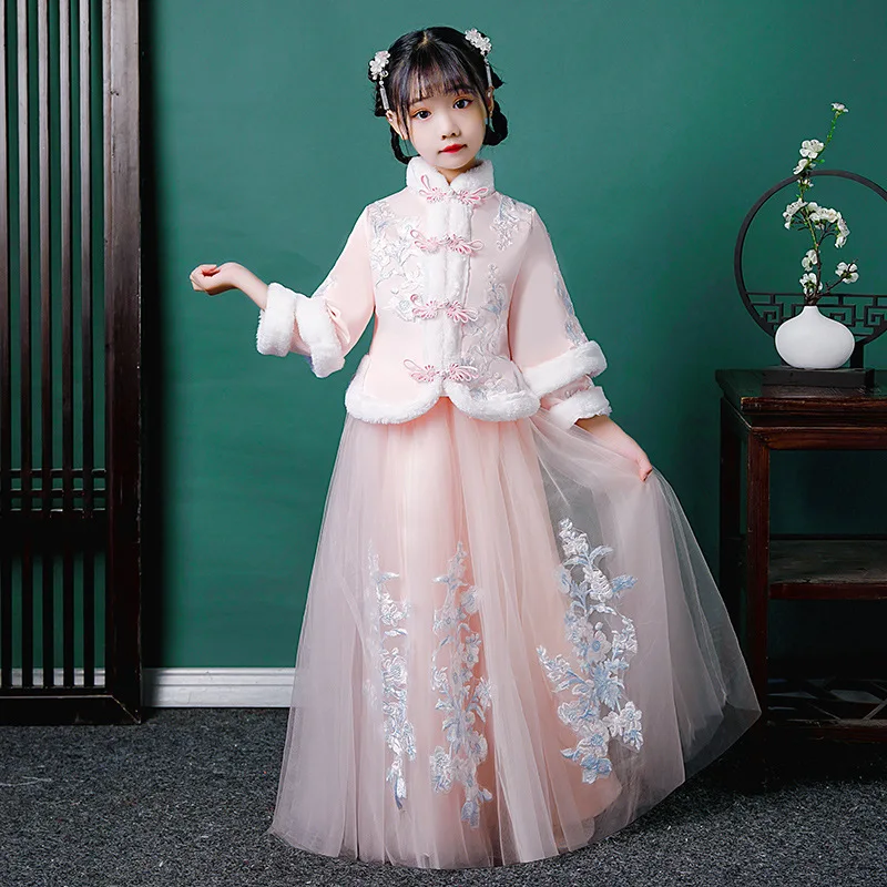 Winter Girls' Hanfu Chinese Embroidery Long Sleeve Thickened Dress Birthday Party Dress Coming-of-Age Ceremony Clothing