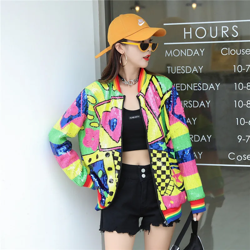 Autumn Long Sleeved Geometric Print Outerwear Jackets Women's Sequins New Korean Casual Loose Night Club Hip Hop Coats