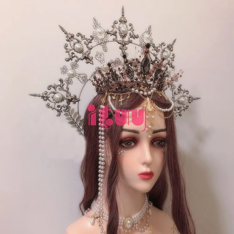 Lolita coroa gótica veicular coroa da virgem maria, corrente preta halo, acessórios para cabelo, coroa para halloween