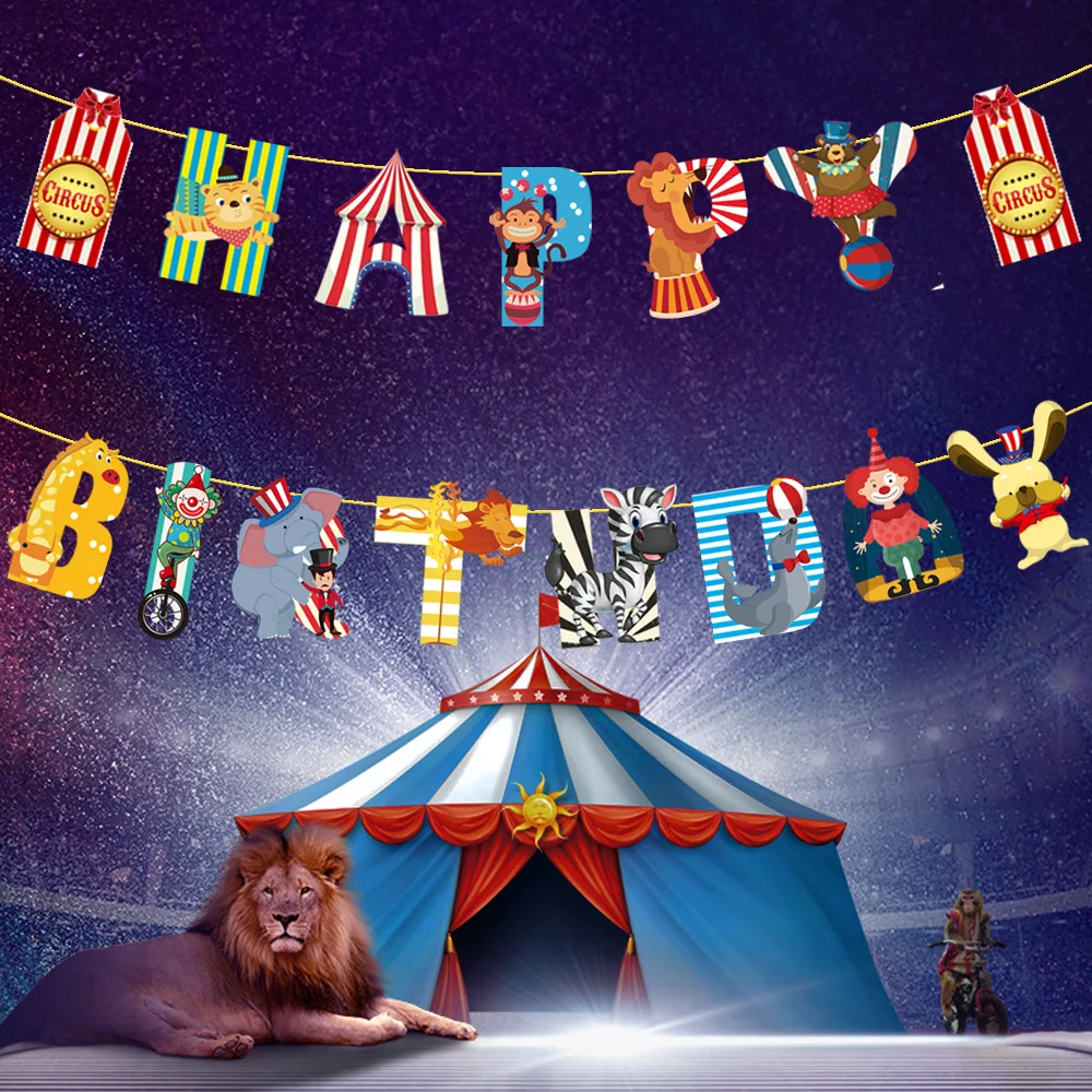 Cartoon Animal Baby Shower Happy Birthday Banner Carnival Circus Theme Birthday Party Decoration Kids Birthday Party Favors