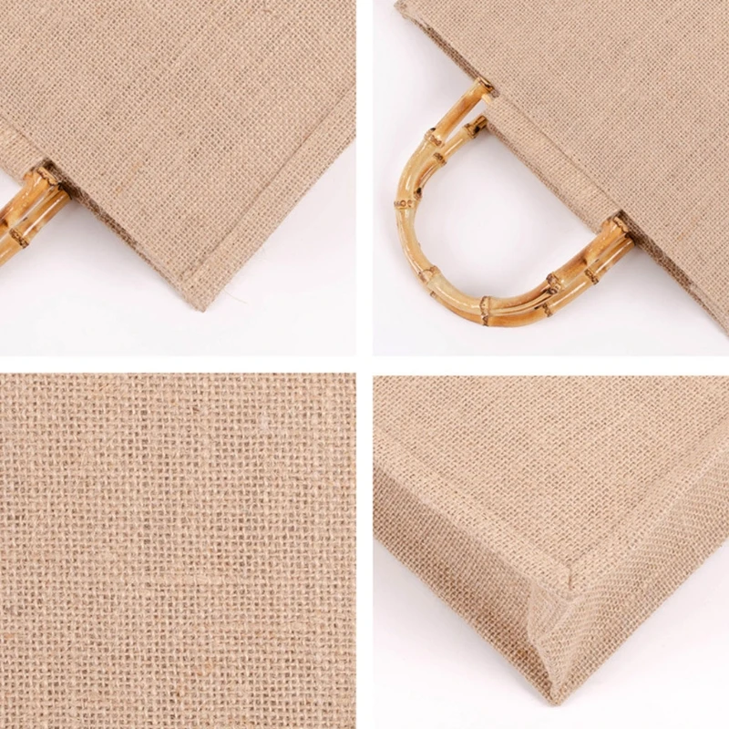 Portable Burlap Jute Shopping Bag Handbag Bamboo Loop Handles Reusable Grocery Bags