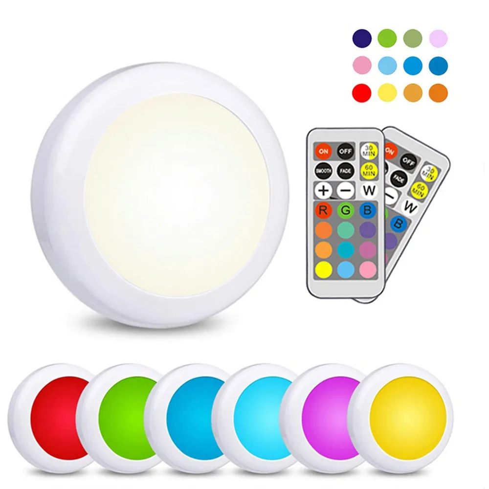 

RGB Puck LED Light Remote Control Night Lamp Battery Powered Dimmable Multicolor Lamp for Kitchen Under Cabinet Closet Stairs