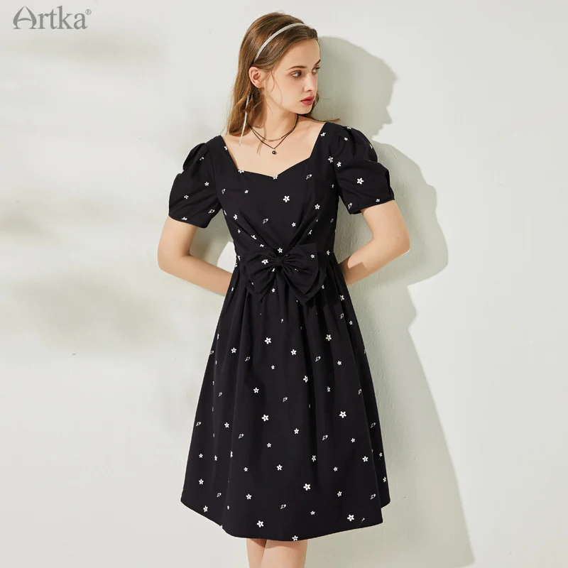 ARTKA 2021 Summer New Women Dress 100% Cotton French Vintage Square Collar Bow Dresses Puff Sleeve Black Midi Dress LA22615X